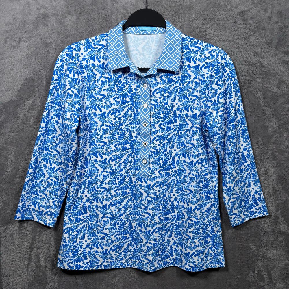 J. McLaughlin Blue White Floral Catalina Cloth Popover Blouse Shirt Women’s M